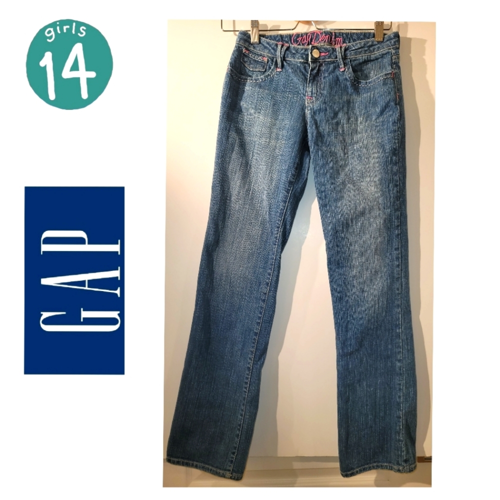 GAP Girls 14 Reg denim straight leg jeans designed with whiskering & fading EUC